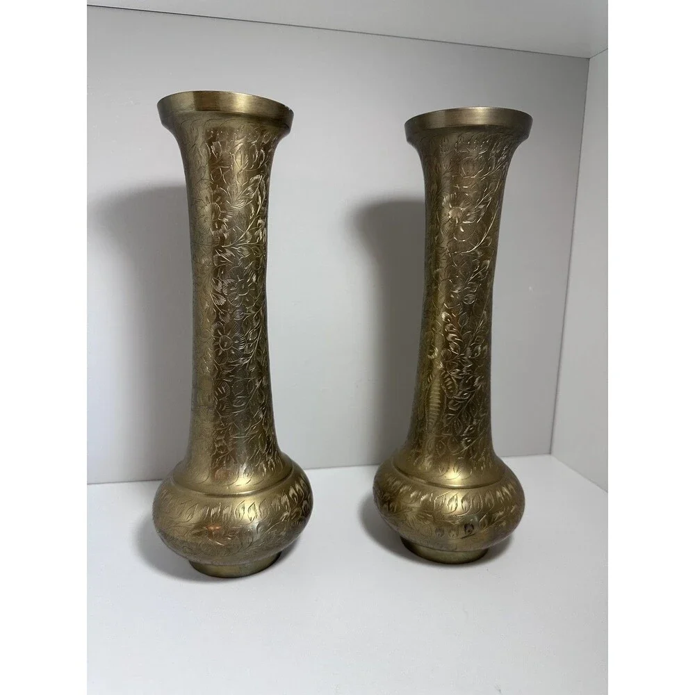 Vintage Pair Etched Brass Vases 11.5” Floral Engraved Made in India Boho Decor
